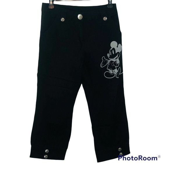 DISNEY Women’s Size 2 Mickey Mouse Black Capri Pants Silver Button - Picture 5 of 12